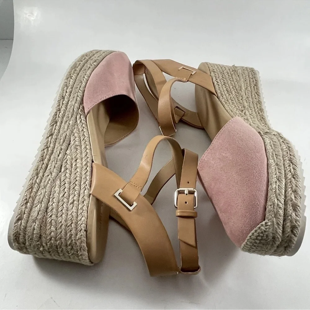New Nine West Ariela Pink & Beige Espadrille Wedge Sandals Ankle Strap Size 10 M